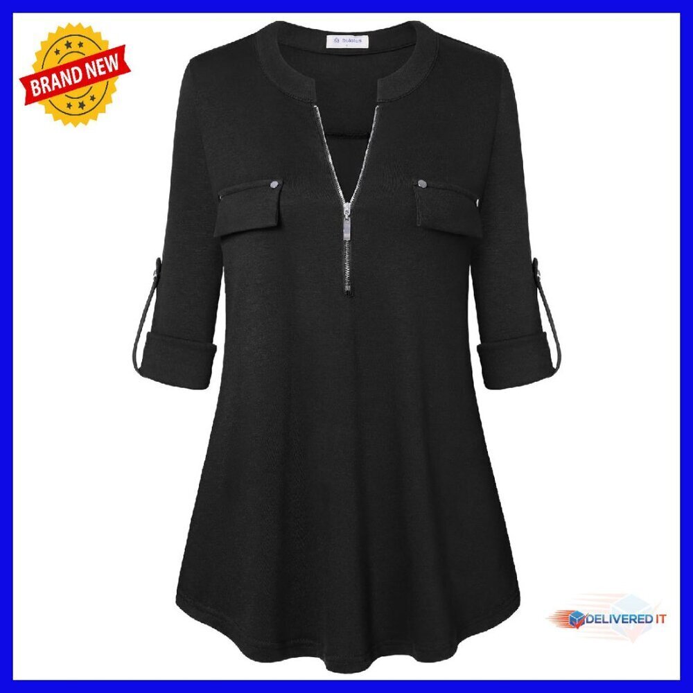 3/4 Sleeve Striped Tunic Blouse with V-Neck Zipper Business Casual